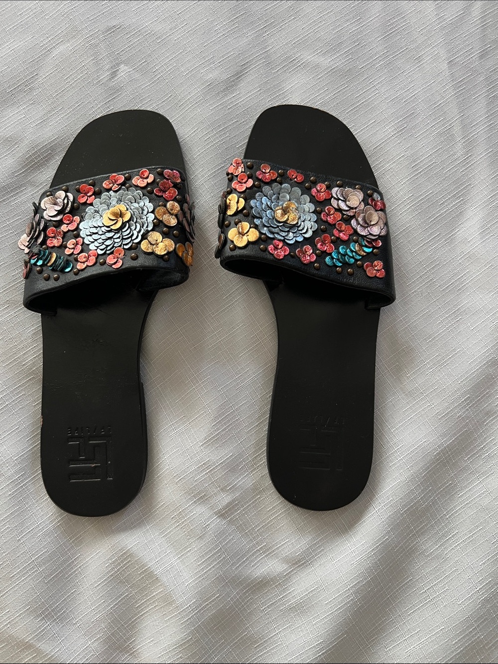 LFL by Lust for Life Black Slide Sandals with Multicolor Floral Embellishments